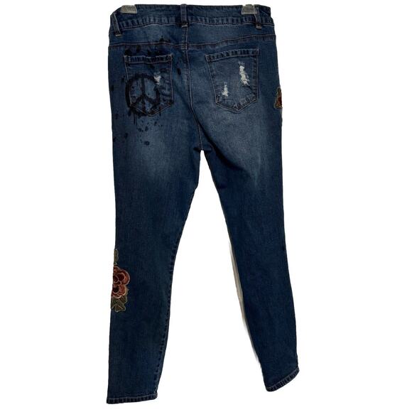 Blue Spice Womens 11 Jeans Embroidered Painted Straight Peace Distressed - Picture 8 of 15